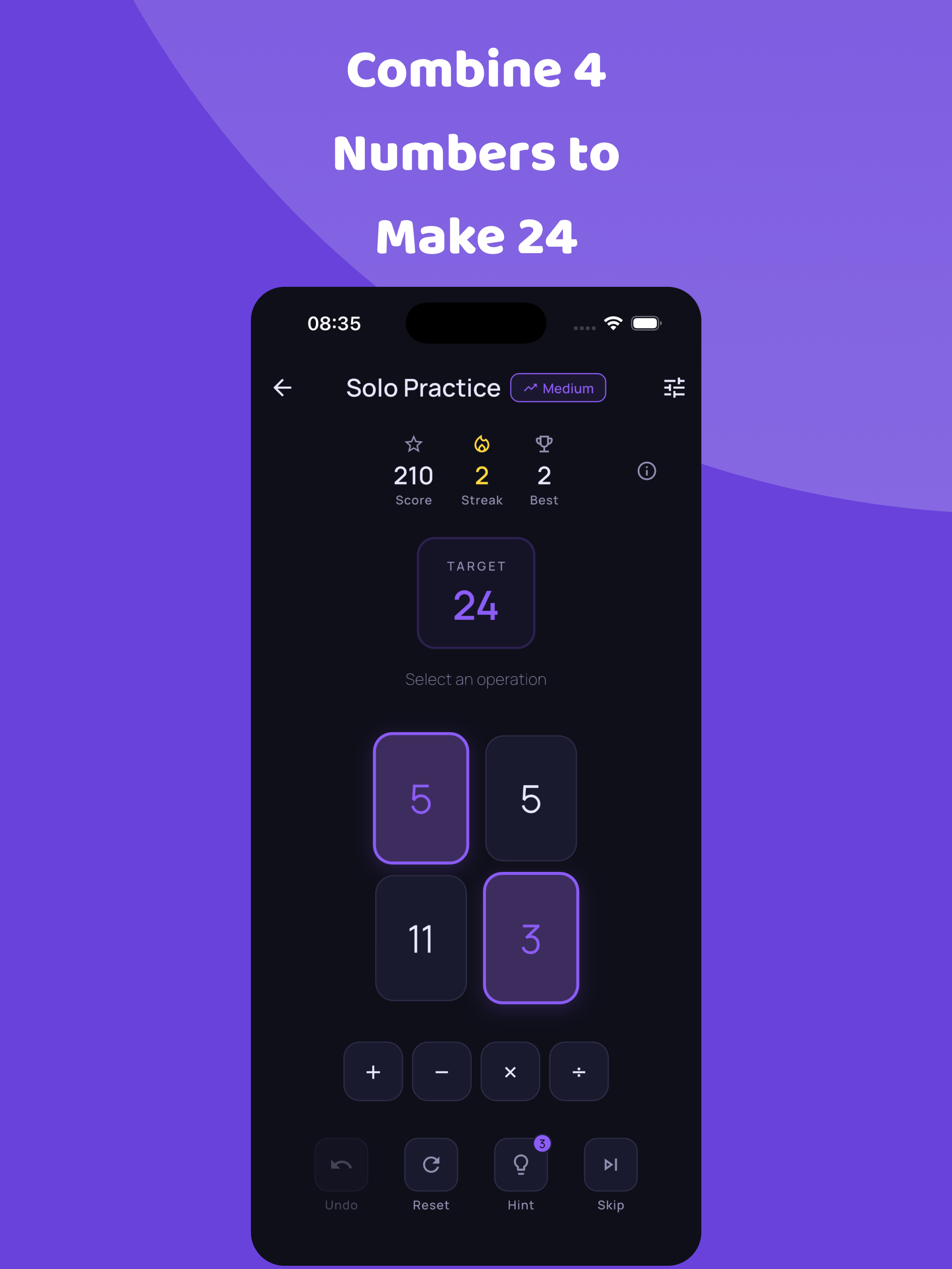 24Forge game interface showing number cards and operations